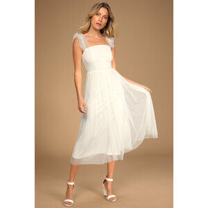 NWT! Lulus Divine Invitation White Tulle Swiss Dot Ruffled Midi Dress - Size M